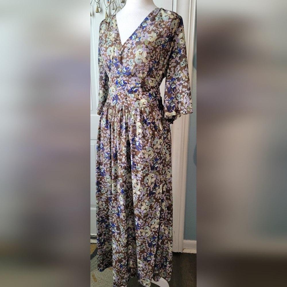 & Other Stories Relaxed Wrap Maxi Dress Womens 6 Brown & Multi Floral Silk Blend